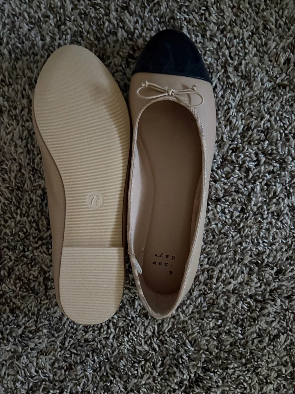 a new day Beige Flats with Black Cap Toe and Bow